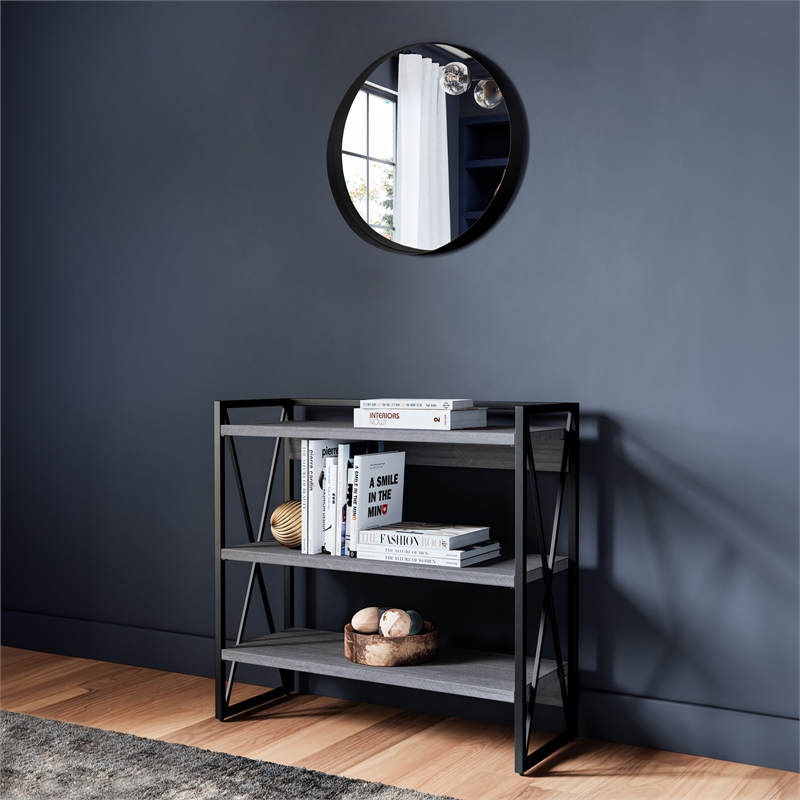 Bowery Hill 24-Inch Mid-Century Round Wall Mirror with Black Iron Frame