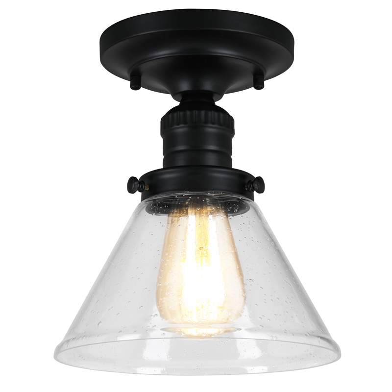 Bowery Hill 1-Light Seedy Glass Semi-Flush Ceiling Light in Matte Black