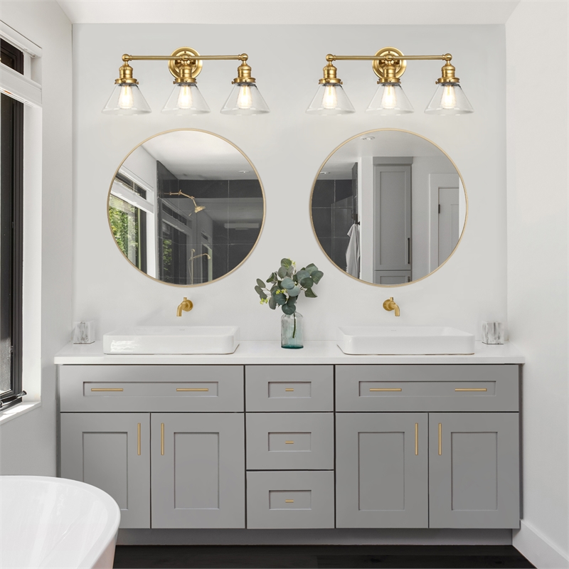 Bowery Hill 3-Light Cone Seedy Glass Vanity Light in Satin Gold