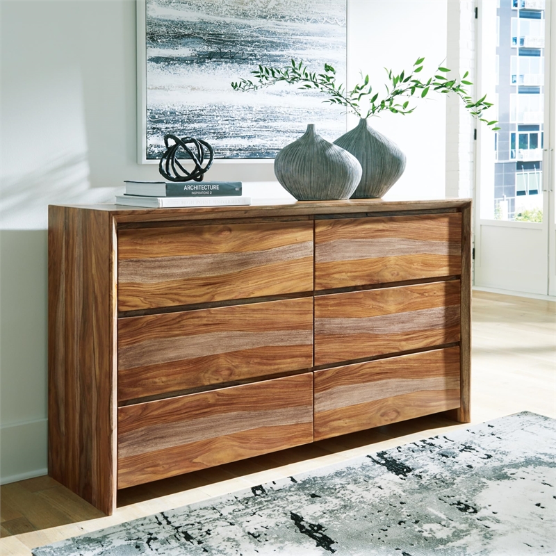 Bowery Hill Natural Brown 6-Drawer Dresser with Beveled Edge Frame