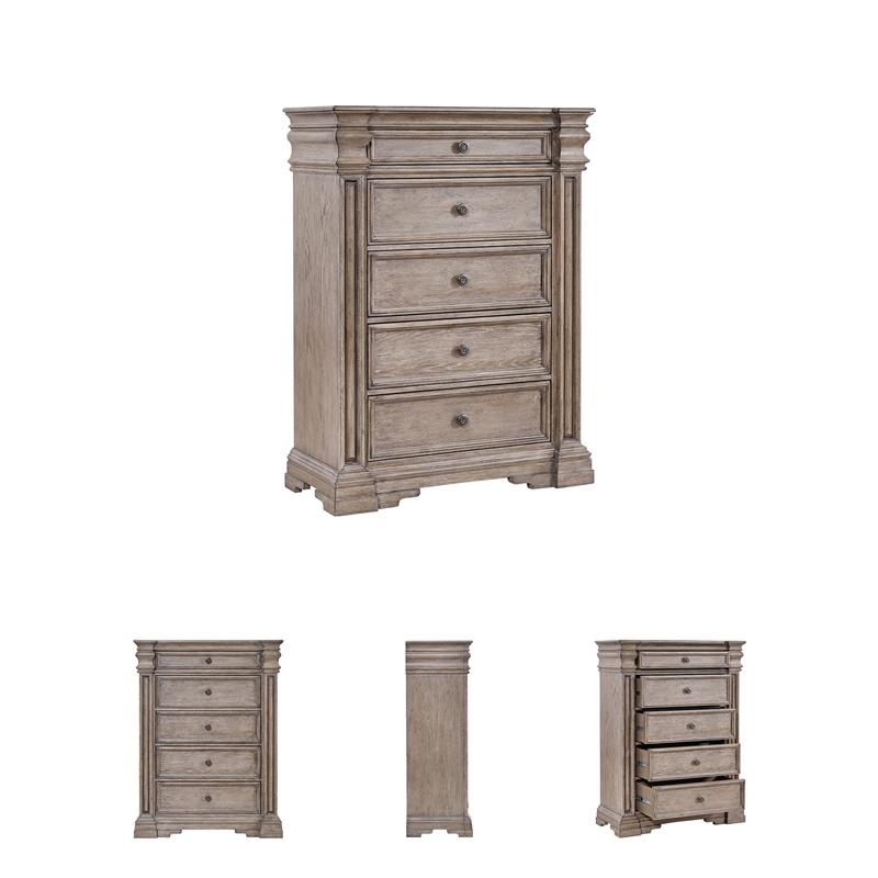 Bowery Hill Light Brown Chest of Drawers with 5 Inset Framed Drawers