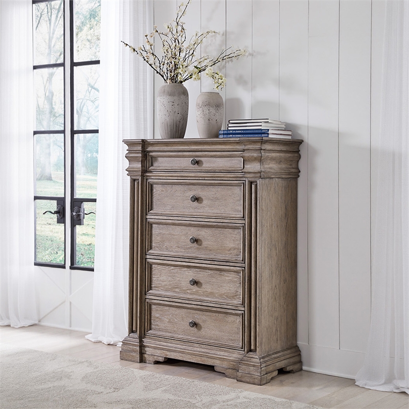 Bowery Hill Light Brown Chest of Drawers with 5 Inset Framed Drawers