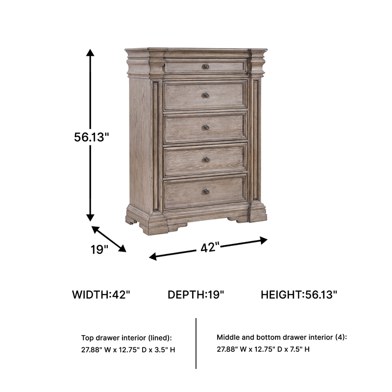 Bowery Hill Light Brown Chest of Drawers with 5 Inset Framed Drawers