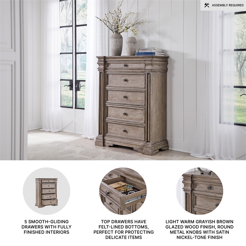 Bowery Hill Light Brown Chest of Drawers with 5 Inset Framed Drawers