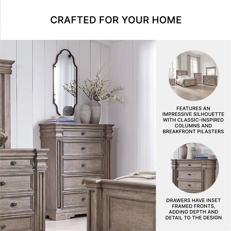 Bowery Hill Light Brown Chest of Drawers with 5 Inset Framed Drawers