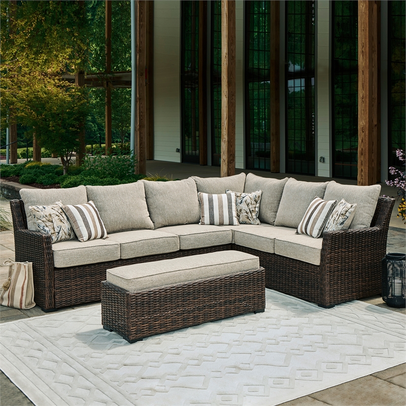 Bowery Hill Brown Resin Wicker 3-Piece Outdoor Sectional with Bench