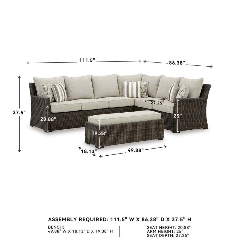 Bowery Hill Brown Resin Wicker 3-Piece Outdoor Sectional with Bench
