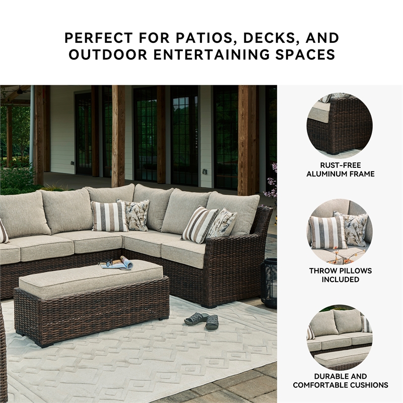 Bowery Hill Brown Resin Wicker 3-Piece Outdoor Sectional with Bench