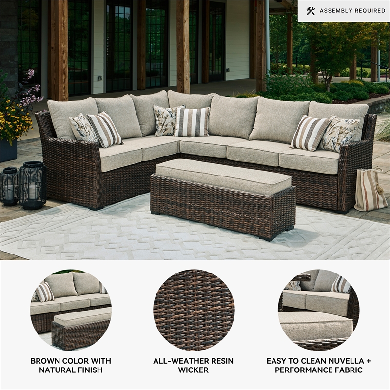 Bowery Hill Brown Resin Wicker 3-Piece Outdoor Sectional with Bench