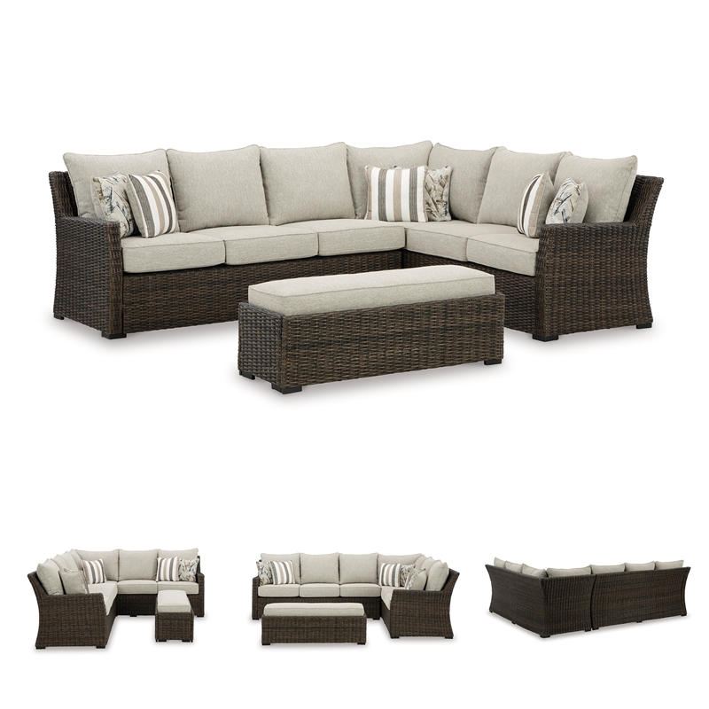 Bowery Hill Brown Resin Wicker 3-Piece Outdoor Sectional with Bench