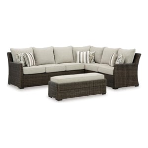 Bowery Hill Brown Resin Wicker 3-Piece Outdoor Sectional with Bench