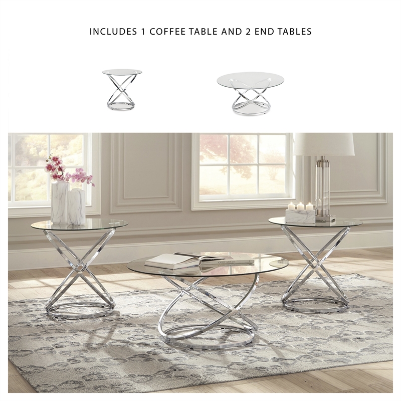 Bowery Hill Modern 3-Piece Glass-Top Coffee Table Set in Chrome