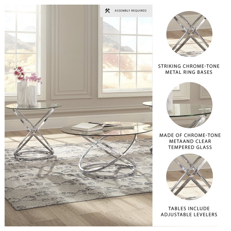 Bowery Hill Modern 3-Piece Glass-Top Coffee Table Set in Chrome
