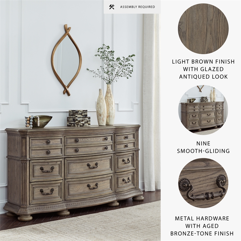 Bowery Hill Light Brown 9-Drawer Dresser with Serpentine Curves