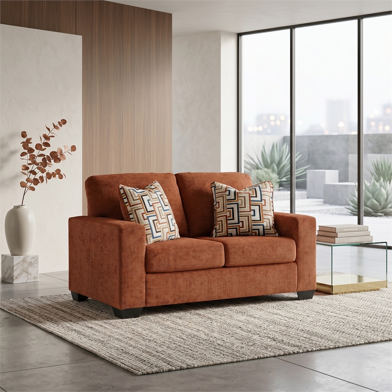 Bowery Hill Burnt Orange Polyester Loveseat with Accent Pillows