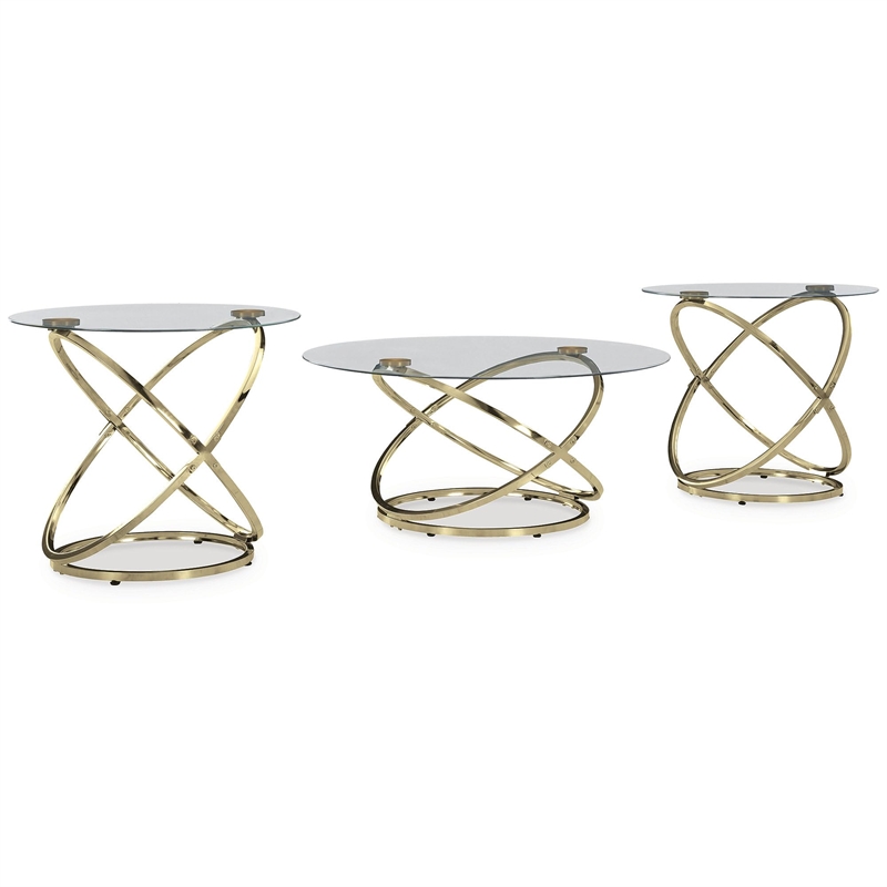 Bowery Hill Champagne 3-Piece Drum Accent Table Set with Glass Tops