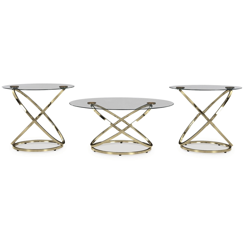 Bowery Hill Champagne 3-Piece Drum Accent Table Set with Glass Tops