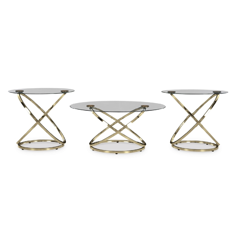 Bowery Hill Champagne 3-Piece Drum Accent Table Set with Glass Tops