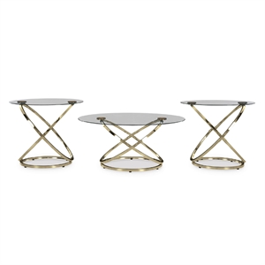 Bowery Hill Champagne 3-Piece Drum Accent Table Set with Glass Tops