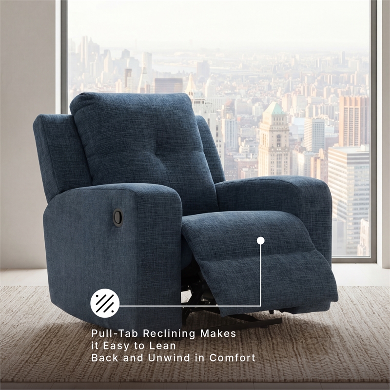 Bowery Hill Blue Recliner with Tufted Back and Pull Tab Recline