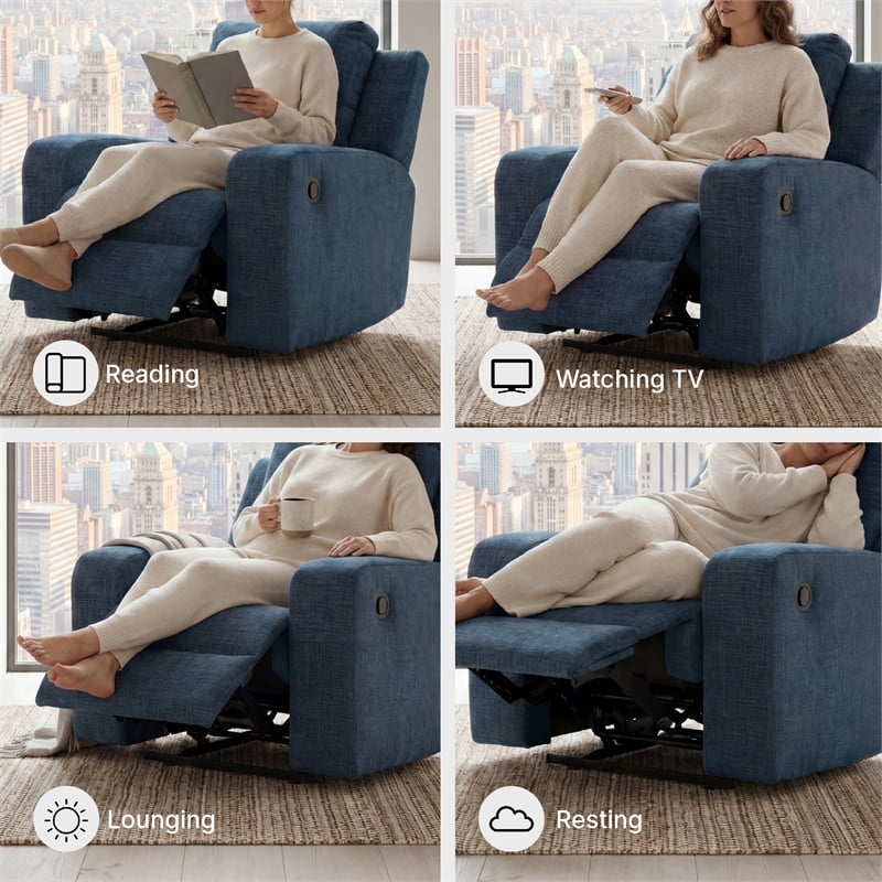 Bowery Hill Blue Recliner with Tufted Back and Pull Tab Recline