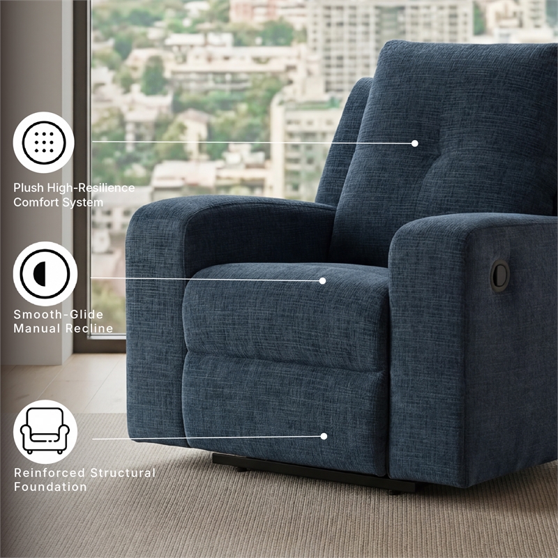 Bowery Hill Blue Recliner with Tufted Back and Pull Tab Recline