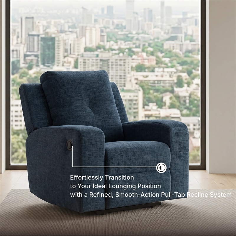 Bowery Hill Blue Recliner with Tufted Back and Pull Tab Recline