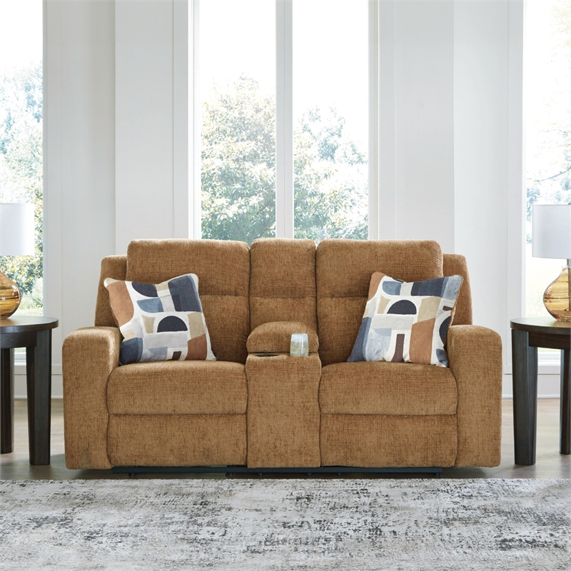 Bowery Hill Brown Reclining Loveseat with Console and Track Arms