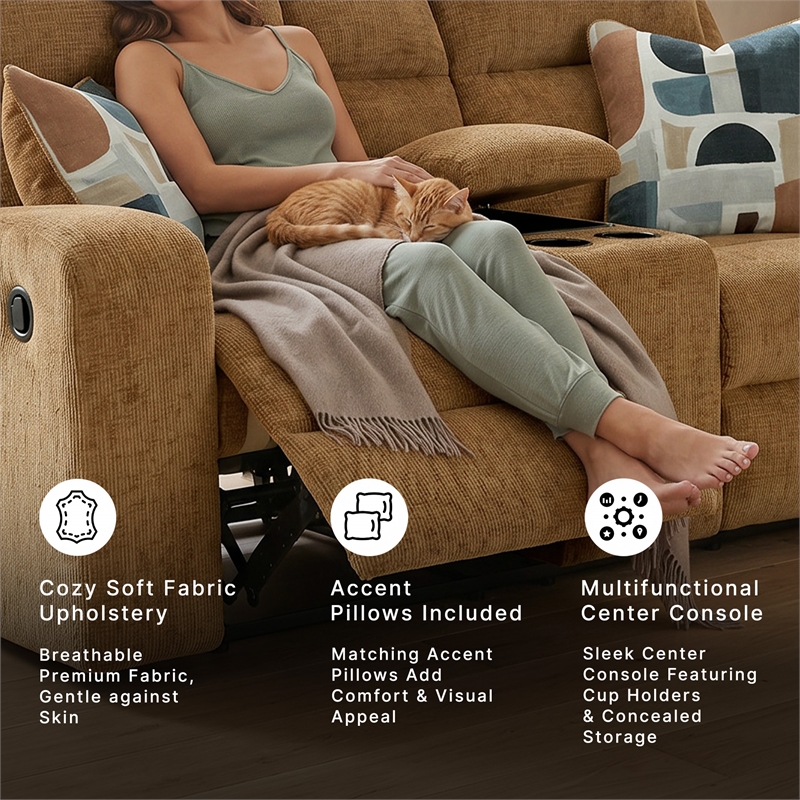 Bowery Hill Brown Reclining Loveseat with Console and Track Arms