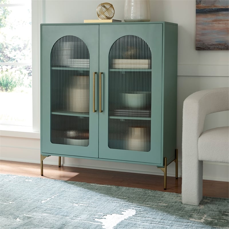 Bowery Hill Light Green Accent Cabinet with Arched Fluted Glass Doors