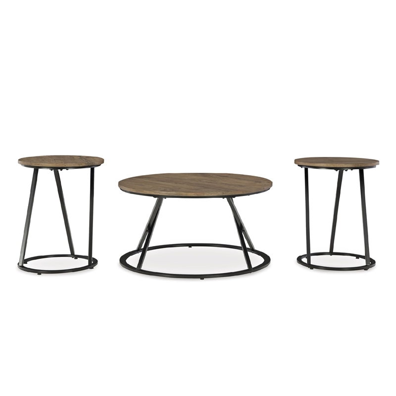 Bowery Hill Brown 3-Piece Round Table Set with Black Metal Frames