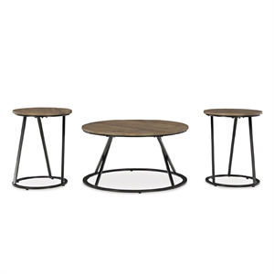 Bowery Hill Brown 3-Piece Round Table Set with Black Metal Frames