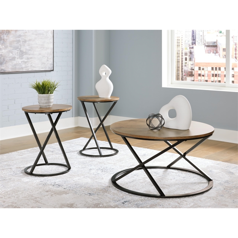 Bowery Hill Brown 3-Piece Round Table Set with Black Metal Frames