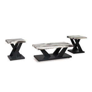 Bowery Hill Black 3-Piece Table Set with Faux White Marble Tops