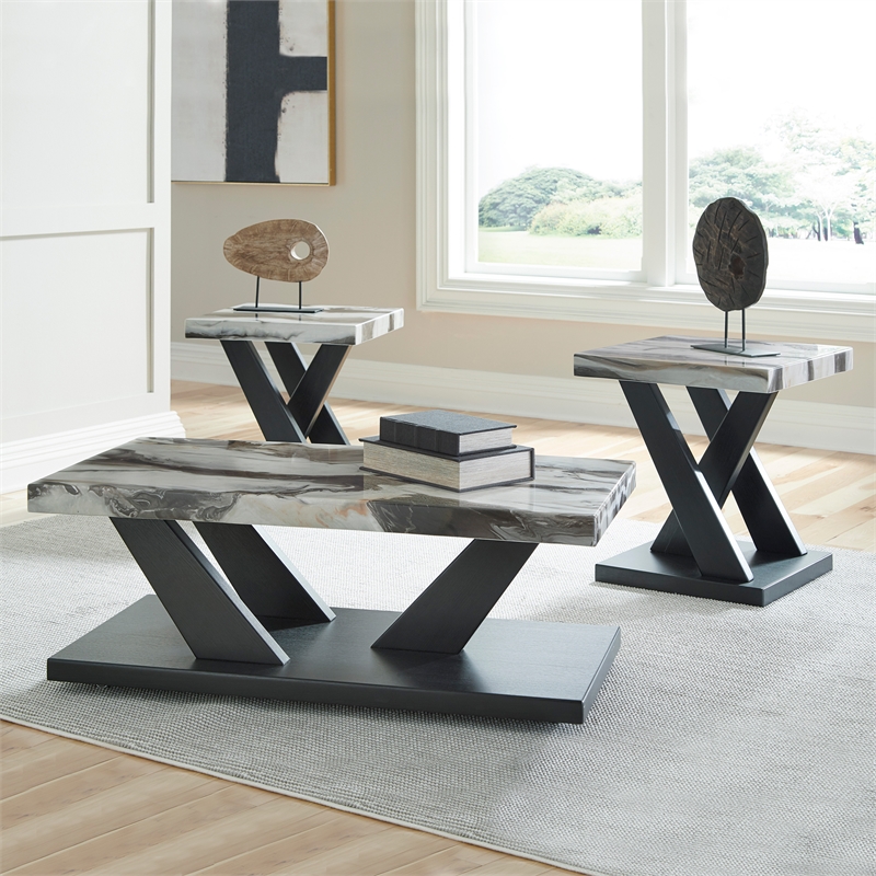 Bowery Hill Black 3-Piece Table Set with Faux White Marble Tops