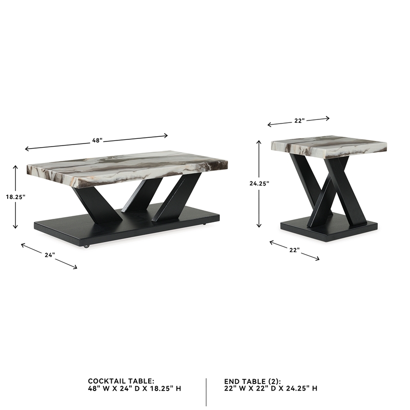 Bowery Hill Black 3-Piece Table Set with Faux White Marble Tops