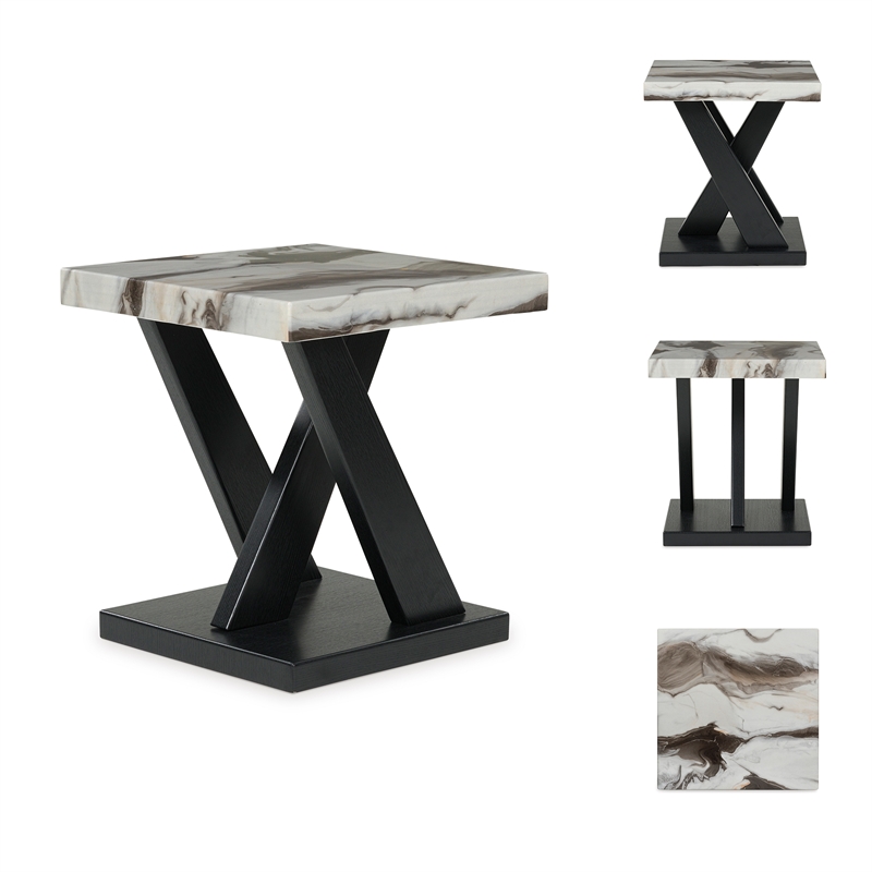 Bowery Hill Black 3-Piece Table Set with Faux White Marble Tops