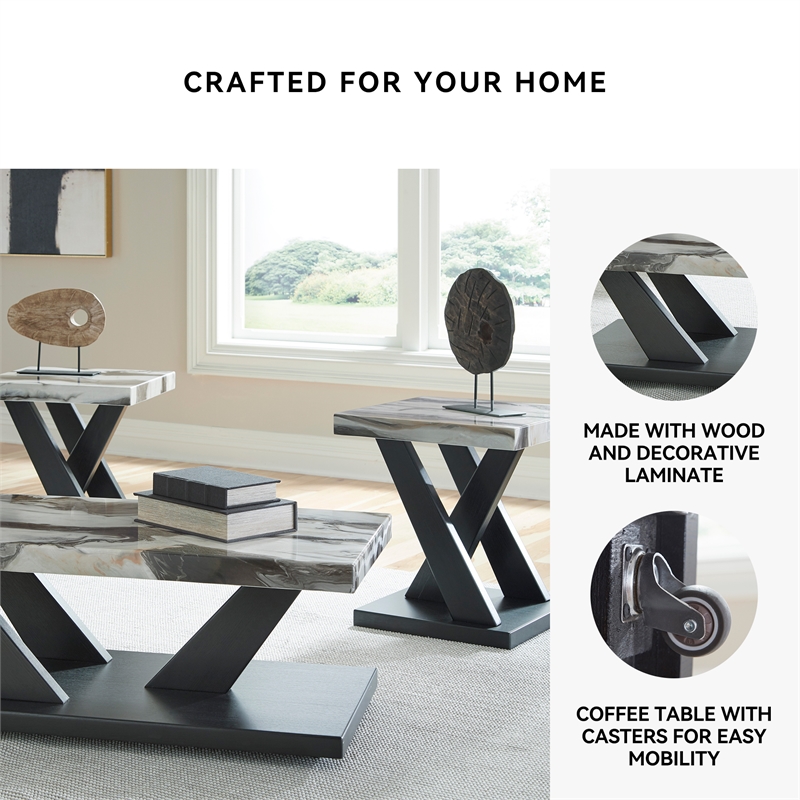 Bowery Hill Black 3-Piece Table Set with Faux White Marble Tops