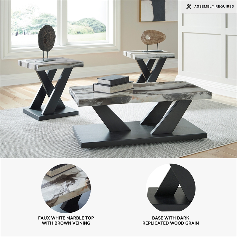 Bowery Hill Black 3-Piece Table Set with Faux White Marble Tops