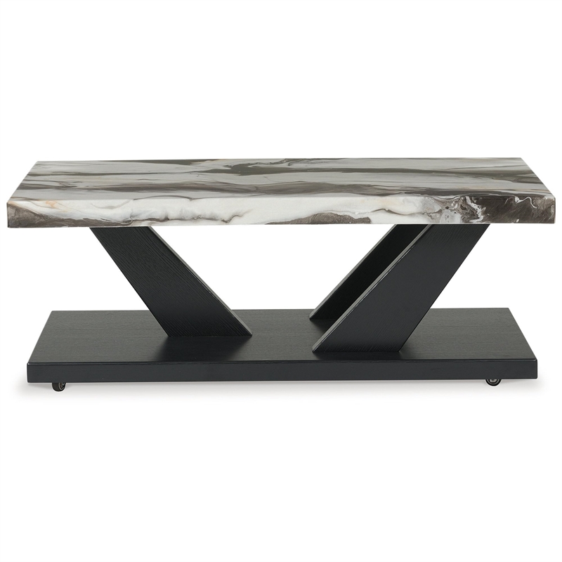 Bowery Hill Black 3-Piece Table Set with Faux White Marble Tops