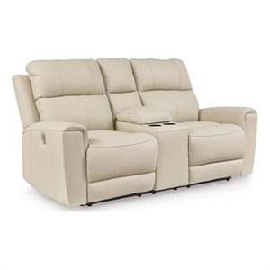 Bowery Hill Beige Leather Power Reclining Loveseat with Console