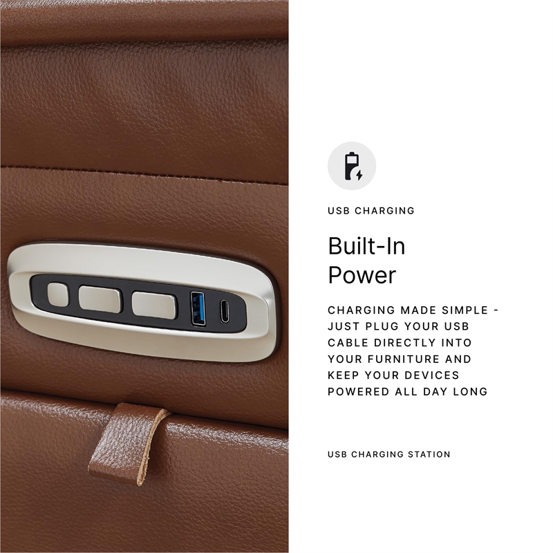 Bowery Hill Brown Leather Power Reclining Sofa with Zero-Gravity