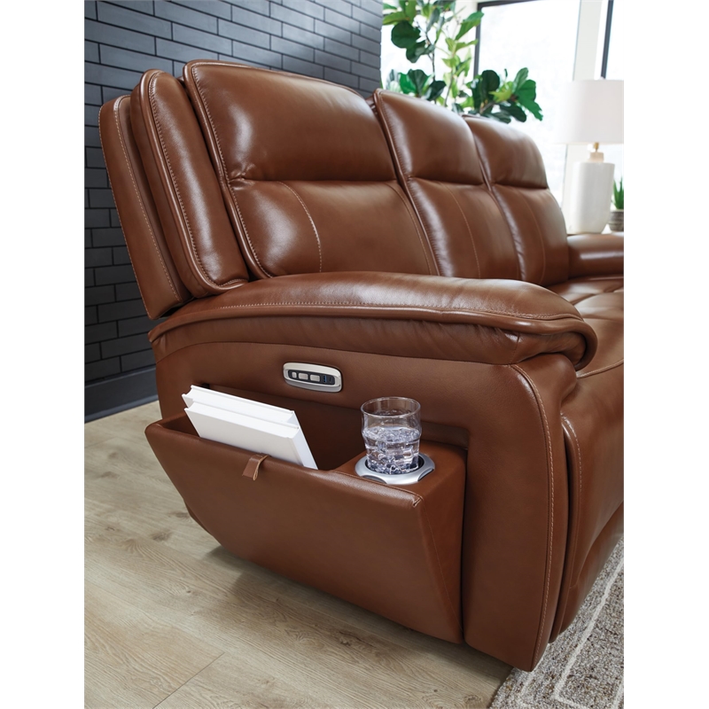 Bowery Hill Brown Leather Power Reclining Sofa with Zero-Gravity