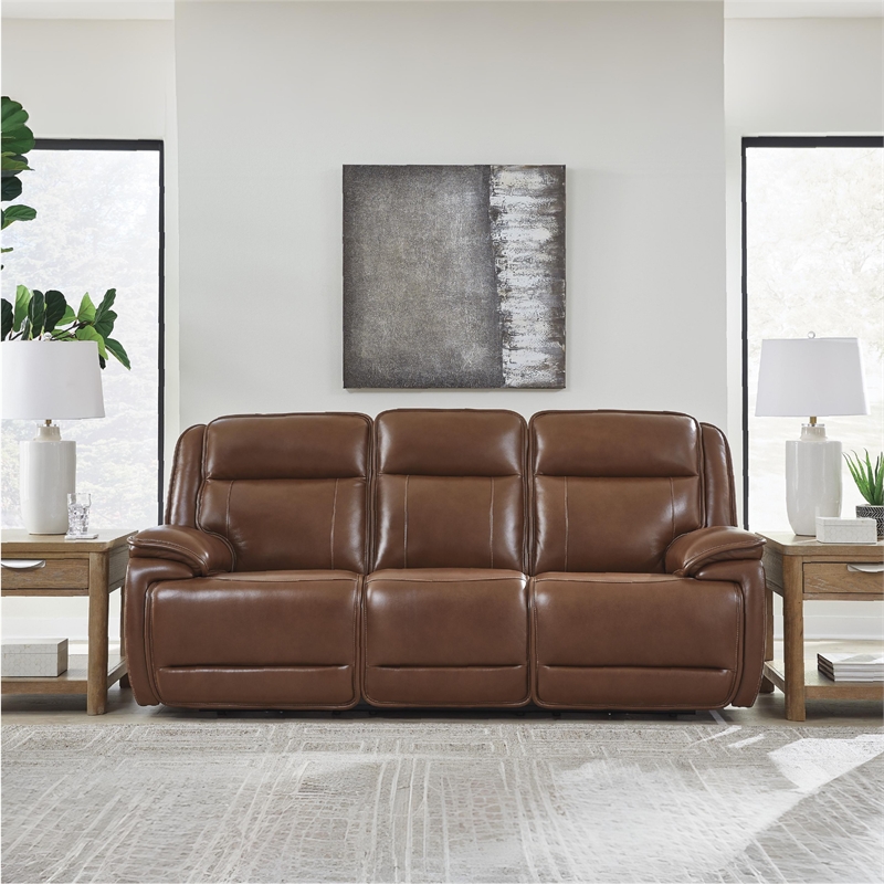 Bowery Hill Brown Leather Power Reclining Sofa with Zero-Gravity