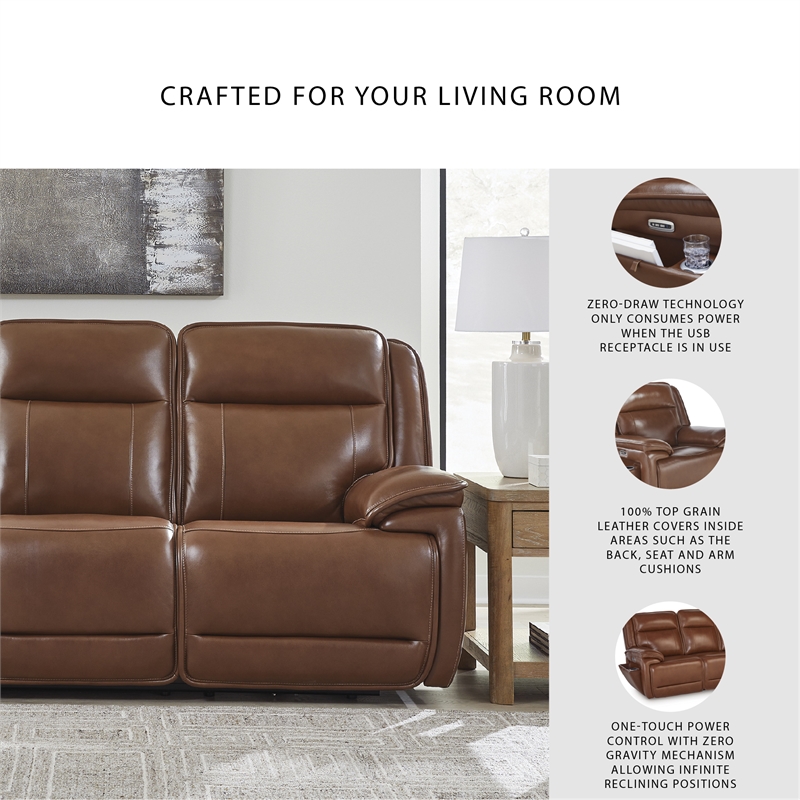 Bowery Hill Brown Leather Power Reclining Sofa with Zero-Gravity