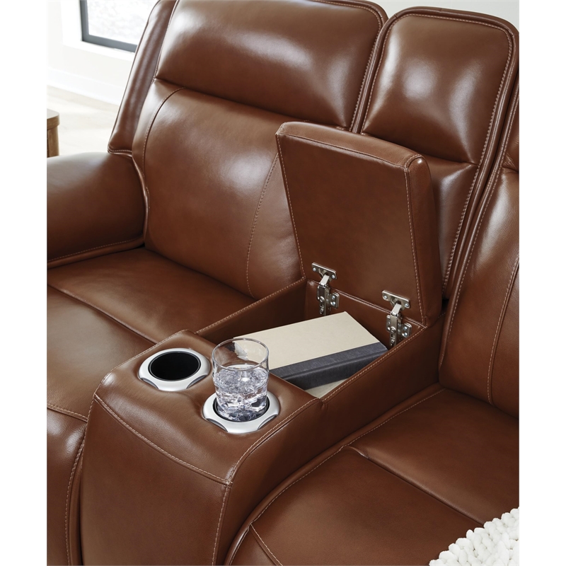 Bowery Hill Brown Leather Power Reclining Loveseat with Console