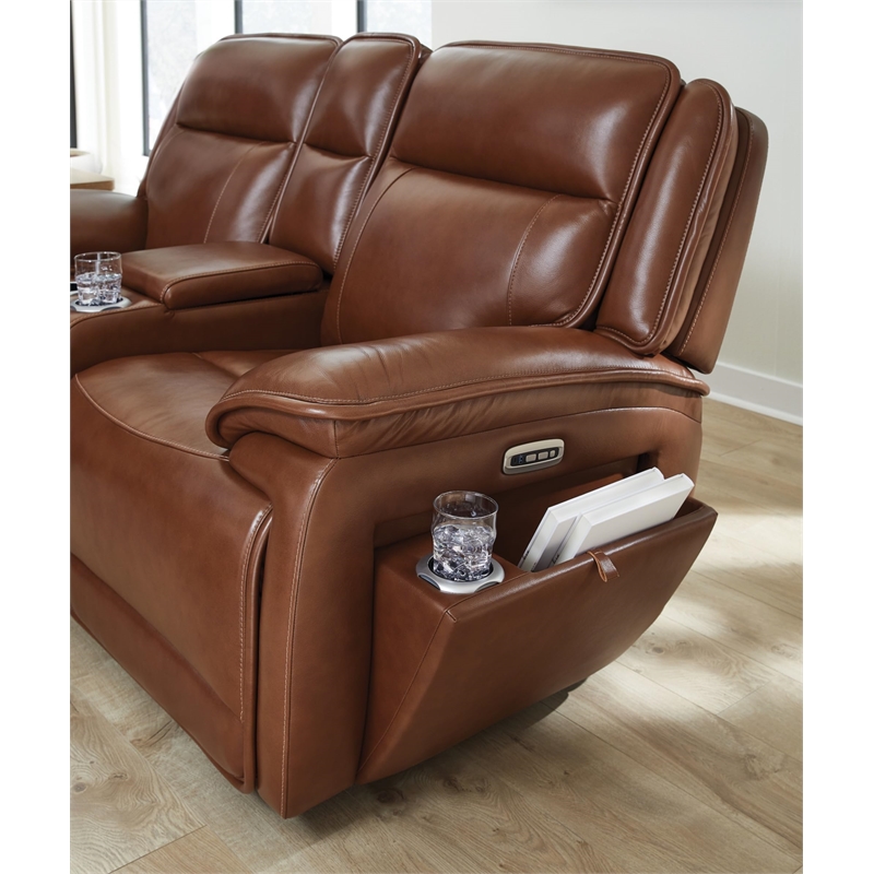Bowery Hill Brown Leather Power Reclining Loveseat with Console