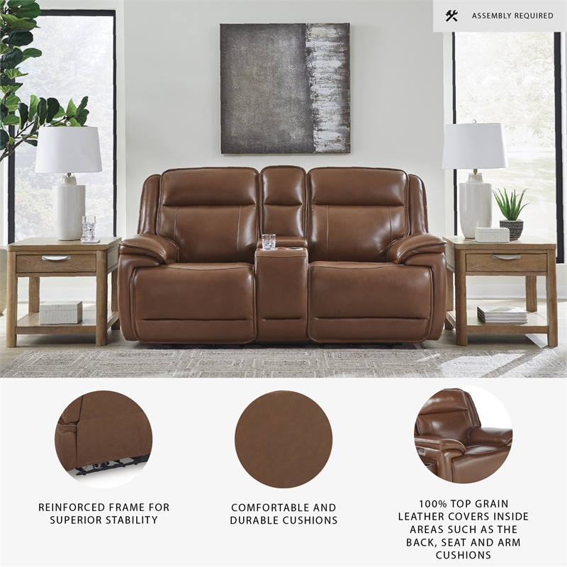 Bowery Hill Brown Leather Power Reclining Loveseat with Console