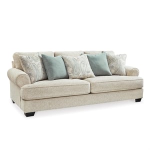 Bowery Hill Beige Chenille Sofa with Roll Arms and 5 Toss Pillows