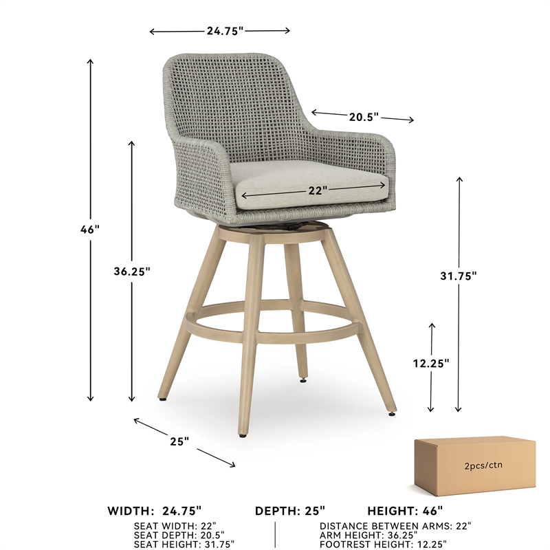 Bowery Hill Set of 2 Light Gray Outdoor Wicker Swivel Barstools